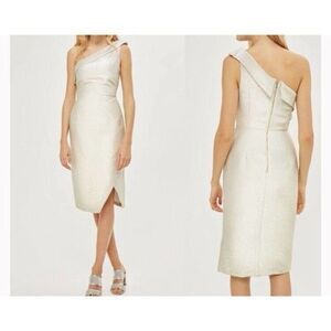 TopShop UK One Shoulder Metallic Sparkle MIDI Dress Cocktail Occasion‎ Sz 6 Gold